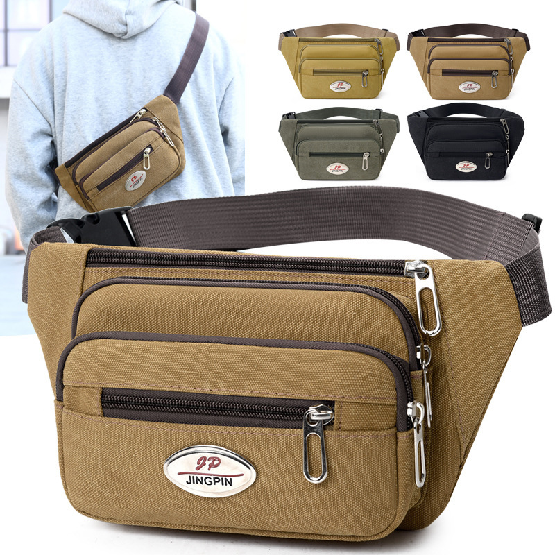 2024 New Iron Label Multi-Layer Canvas Buckle Bag Men's Waist Bag Tools Mobile Phone Bag Wholesale Portable Waterproof