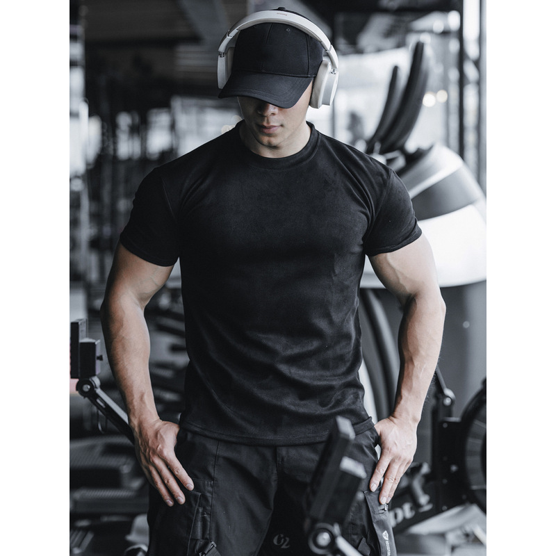 American Style Cuff Pure Cotton Short-Sleeved Men's T-Shirt Muscle Training Running Sports Fitness Clothing Round Neck Breathable Casual Trend
