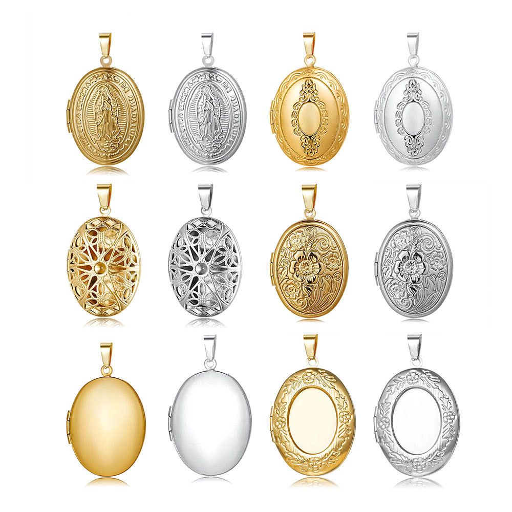 316L espejo de acero inoxidable pulido plasma ovalado bricolaje pareja caja colgante collar de galvanoplastia de oro real de 18K