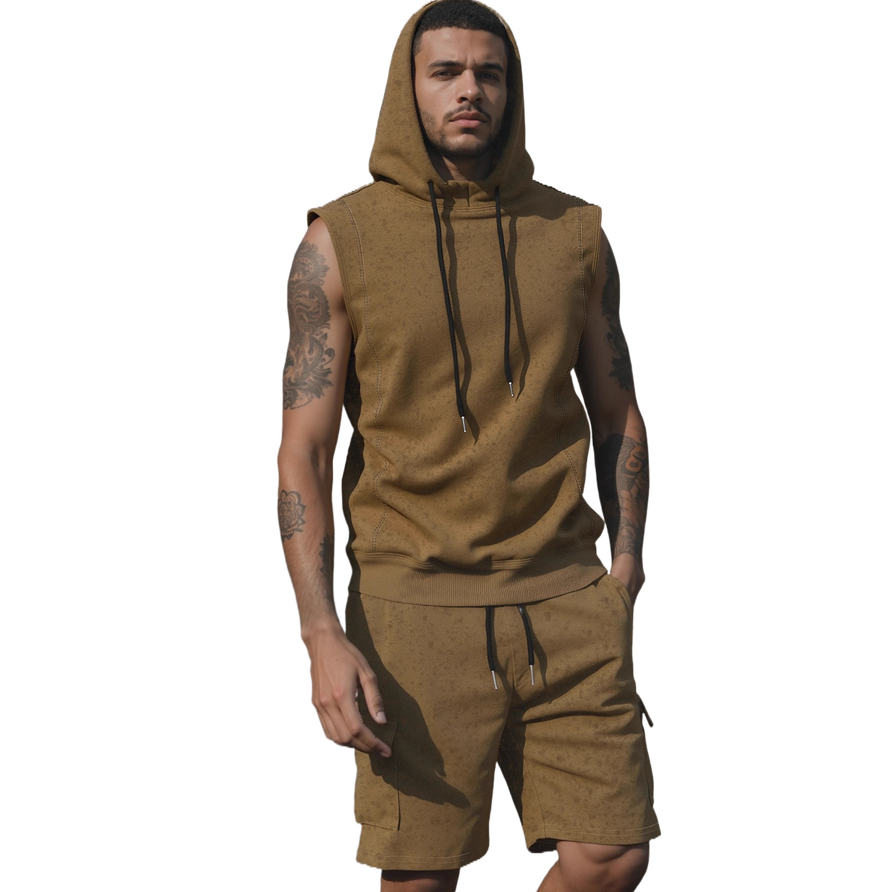 Nuevo transfronterizo Europa y América Amazon hombre encapuchado fitness chaleco de color sólido pantalones cortos set casual suéter deportivo