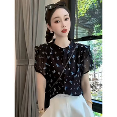2025夏季新款洋气印花宽松显瘦百搭立领荷叶边拼接爆款短袖衬衫女