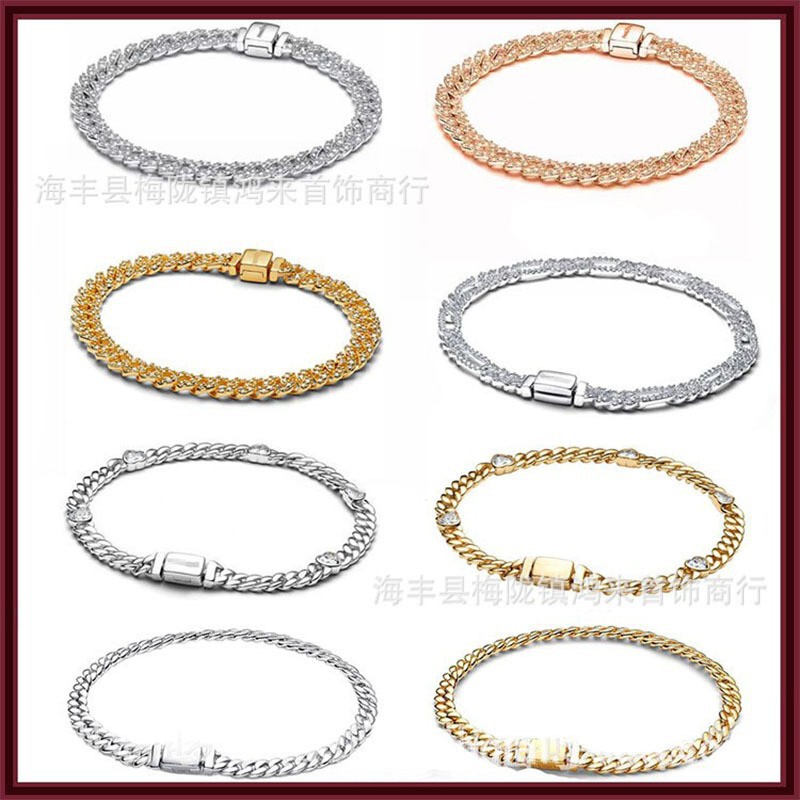 Pandora White Copper Silver-Plated Rose Gold Gold-Colored Zircon-Inlaid Cuban Watch Chain Snake Bone Chain Bracelet Jewelry