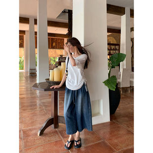 Elastic Drawstring Waist Wide-Leg Jeans for Women Summer New High-Waist Slim Straight Eight-Point Loose Pants