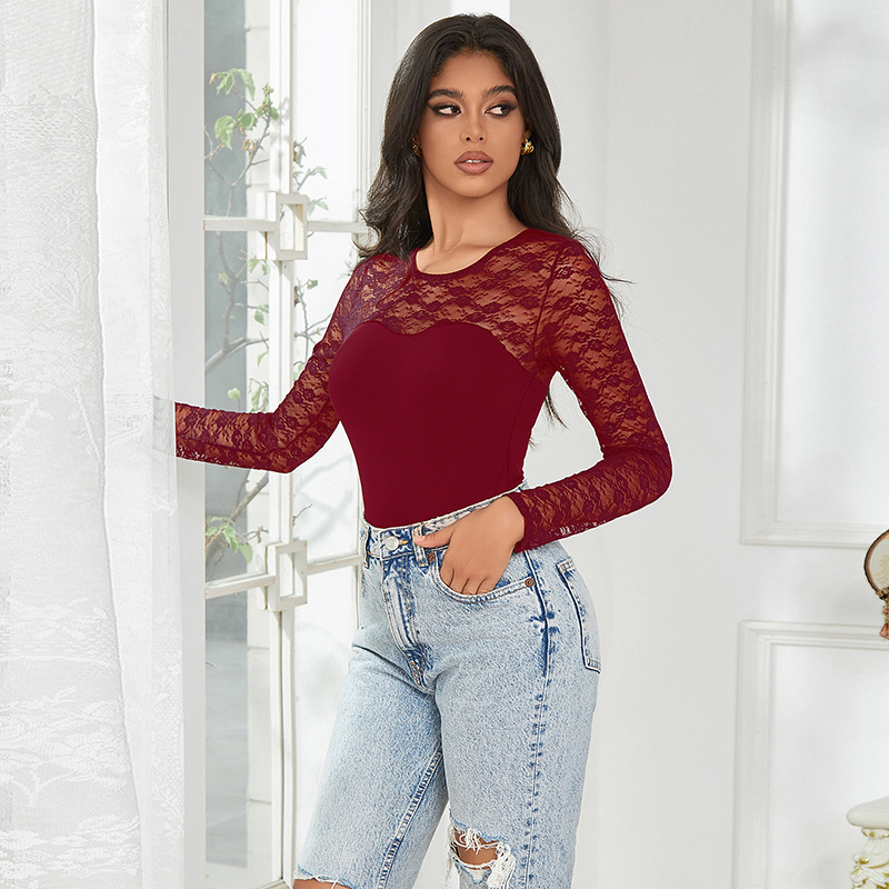 Europa y América ropa interior de malla de costura de manga larga sin desprenderse sexy camiseta de encaje de primavera y otoño delgada dentro y fuera