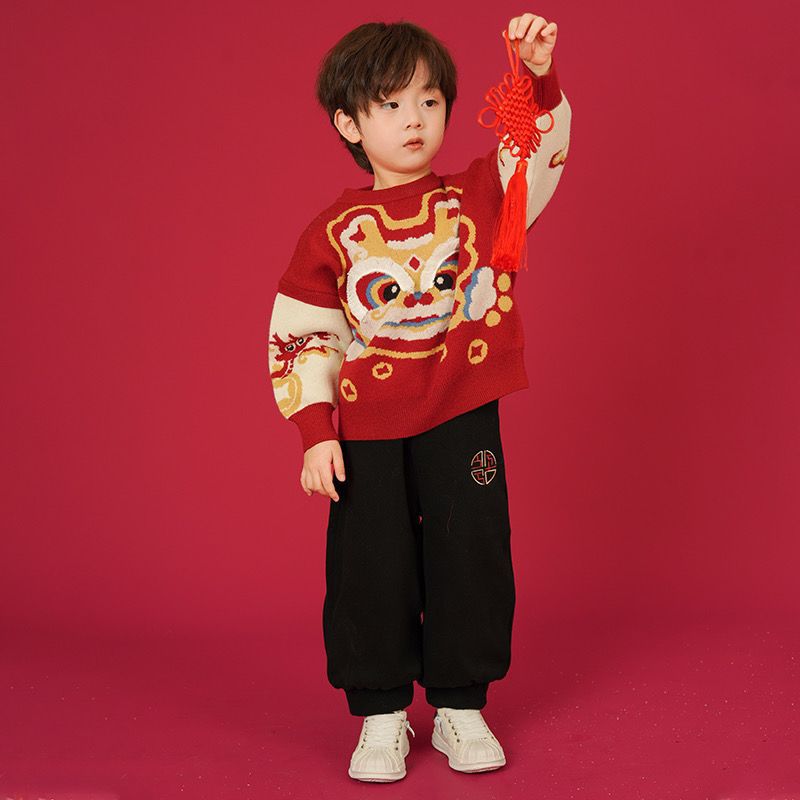 어린이 신년 의류 세트 2023 년 새 소년 소녀 니트 스웨터 드래곤 투피스 세트
