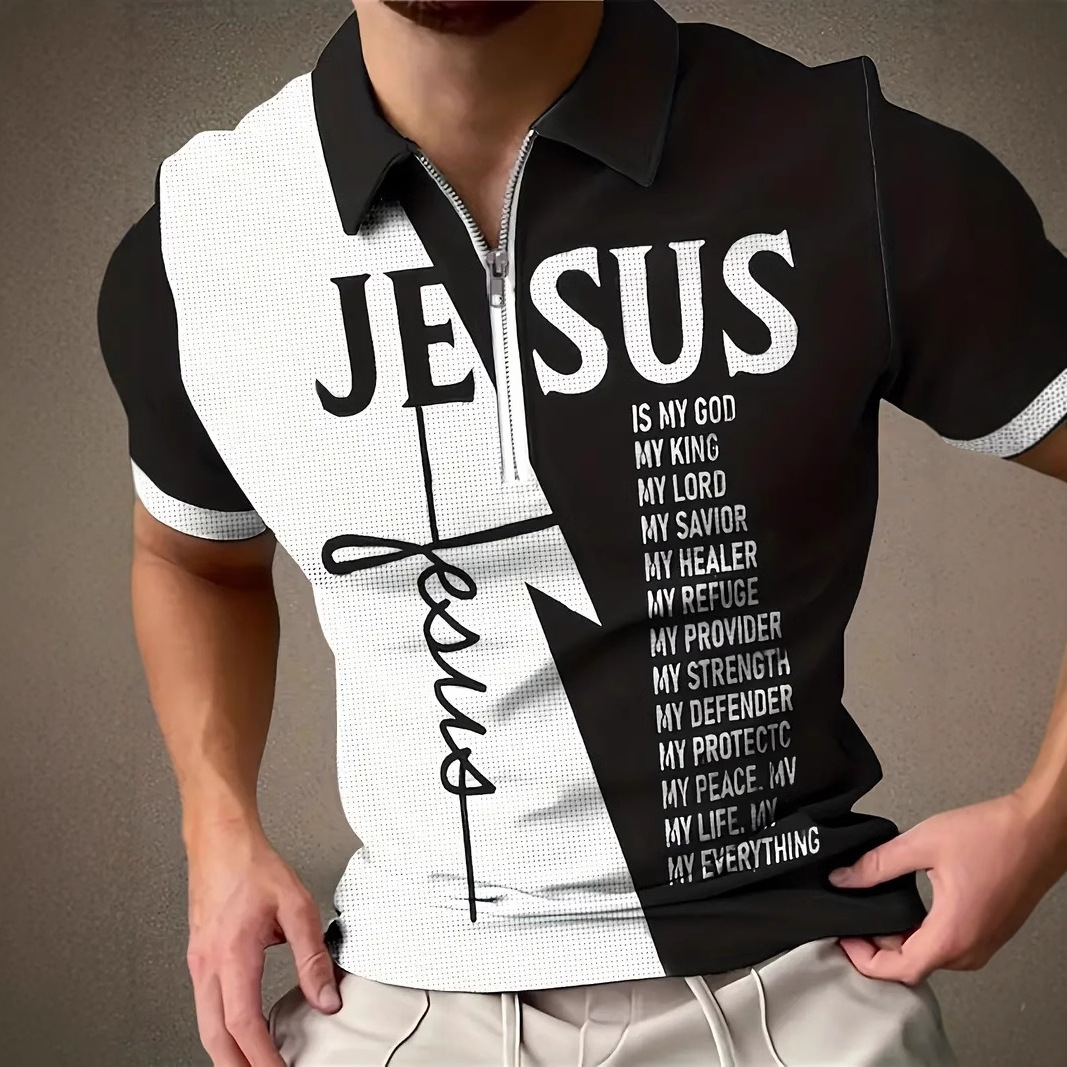 Camisa POLO con cremallera de manga corta transpirable con solapa suelta y ancho de hombro para hombre con estampado de Jesús de venta caliente clásico