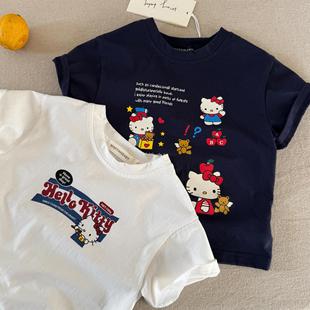 Girls Short-sleeved T-shirt Cotton Summer 2025 New Korean Style Cartoon KT Cat Cute Top Baby Loose Round Neck
