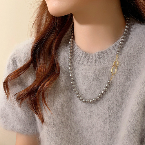 Hemp gray pearl necklace women's accessories high-end light luxury niche sweater chain atmospheric high-end neck chain temperament clavicle chain