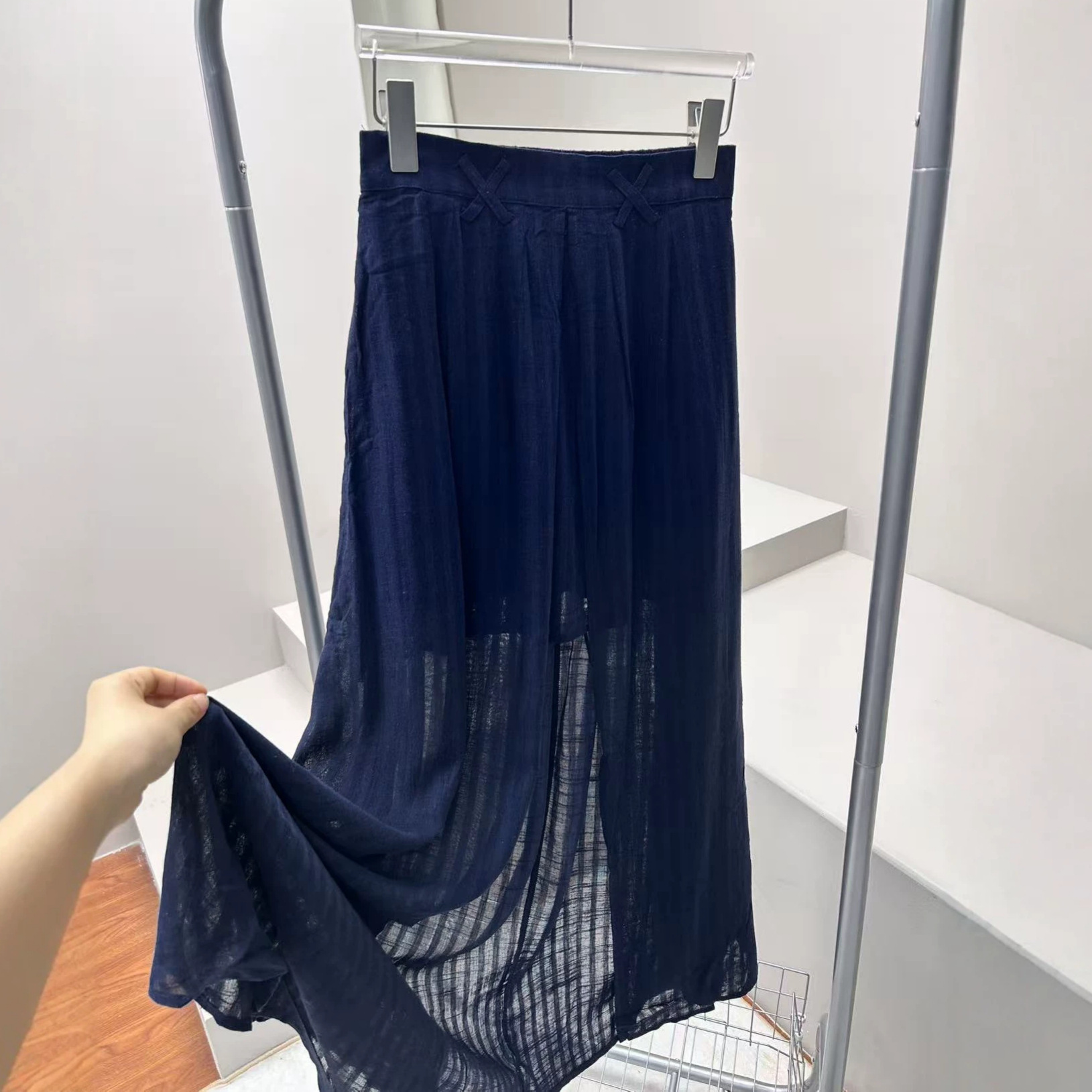 【KZ1713】女士开叉长裙 70%人丝 30%亚麻半裙内短裙  后腰弹力