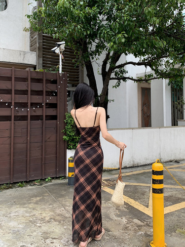 French Retro Gingham Strappy Dress for Women - Summer New Arrival Slimming Sheath Midi V Neck Net Sheath A Line Bustle Dress