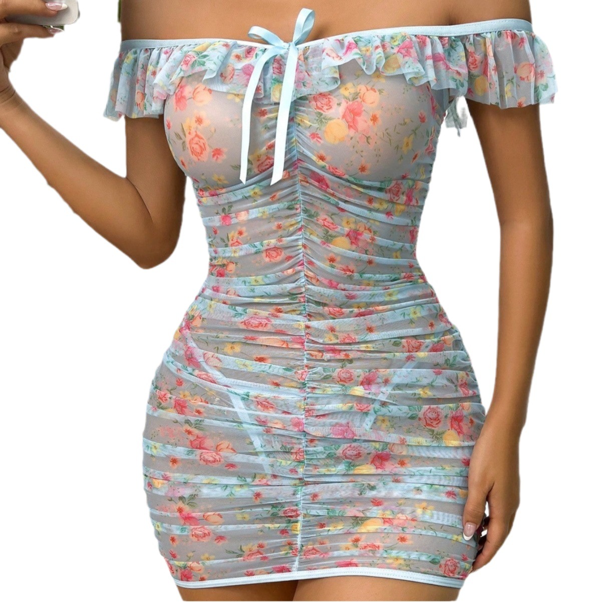 Europa y América nueva transparente flor sexy ropa interior transfronteriza Comercio exterior malla impresa plisada tentación pijamas camisón traje