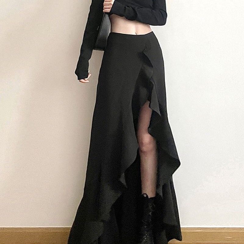 设计感黑色不规则显瘦半身裙夏2025新款荷叶边高腰女裙开叉半裙潮|undefined
