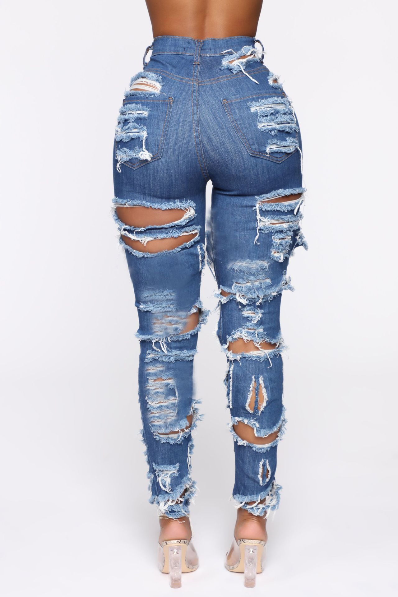 big hole torn style stretch jeans nihaostyles clothing wholesale NSTH80379