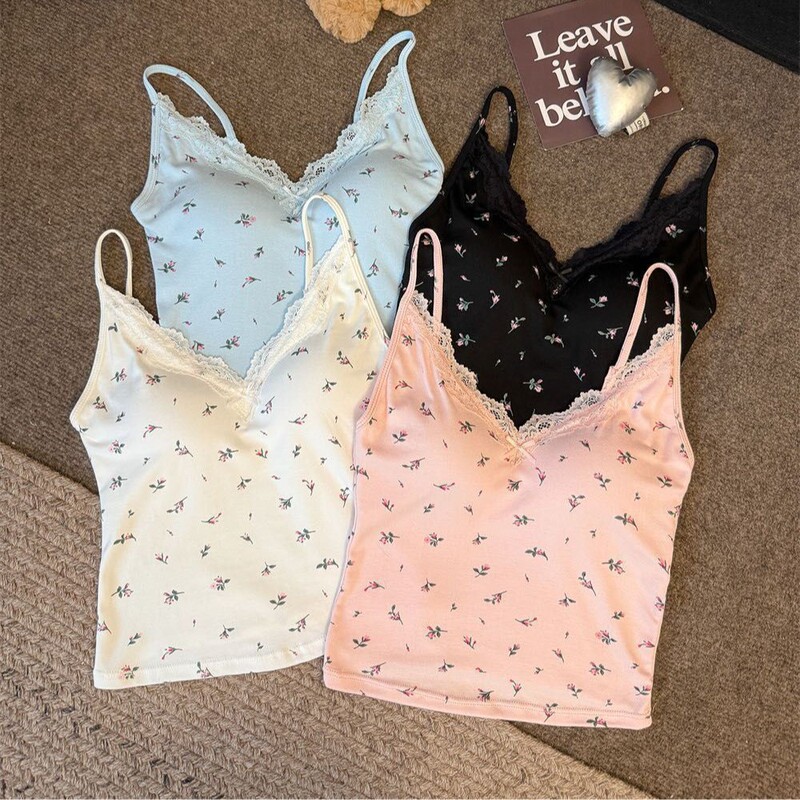 Hot Girl Lace-Trimmed Camisole with Beautiful Back Design, Small Floral Print, Integrated Chest Pads, Comfortable, Sexy, Slimming, Can Be Worn Outside