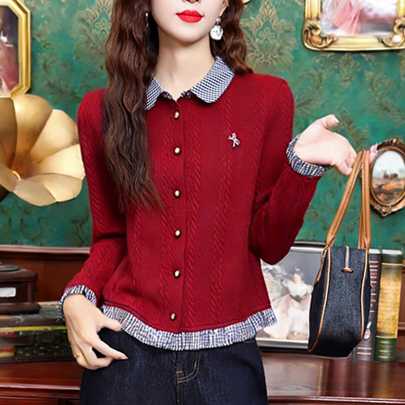 Dropshipping 2026 Early Spring Doll Collar Elegant Navy Blue Knit Sweater Fashionable Lace Cardigan Women's Turn-Down Collar