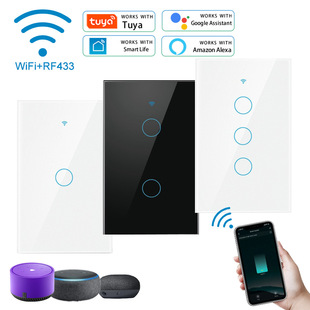 Tuya Smart Us Standard Switch Single Zero Fire Neutral Bluetooth Wifi Remote Control Tempered Glass Panel Touch Switch Rf