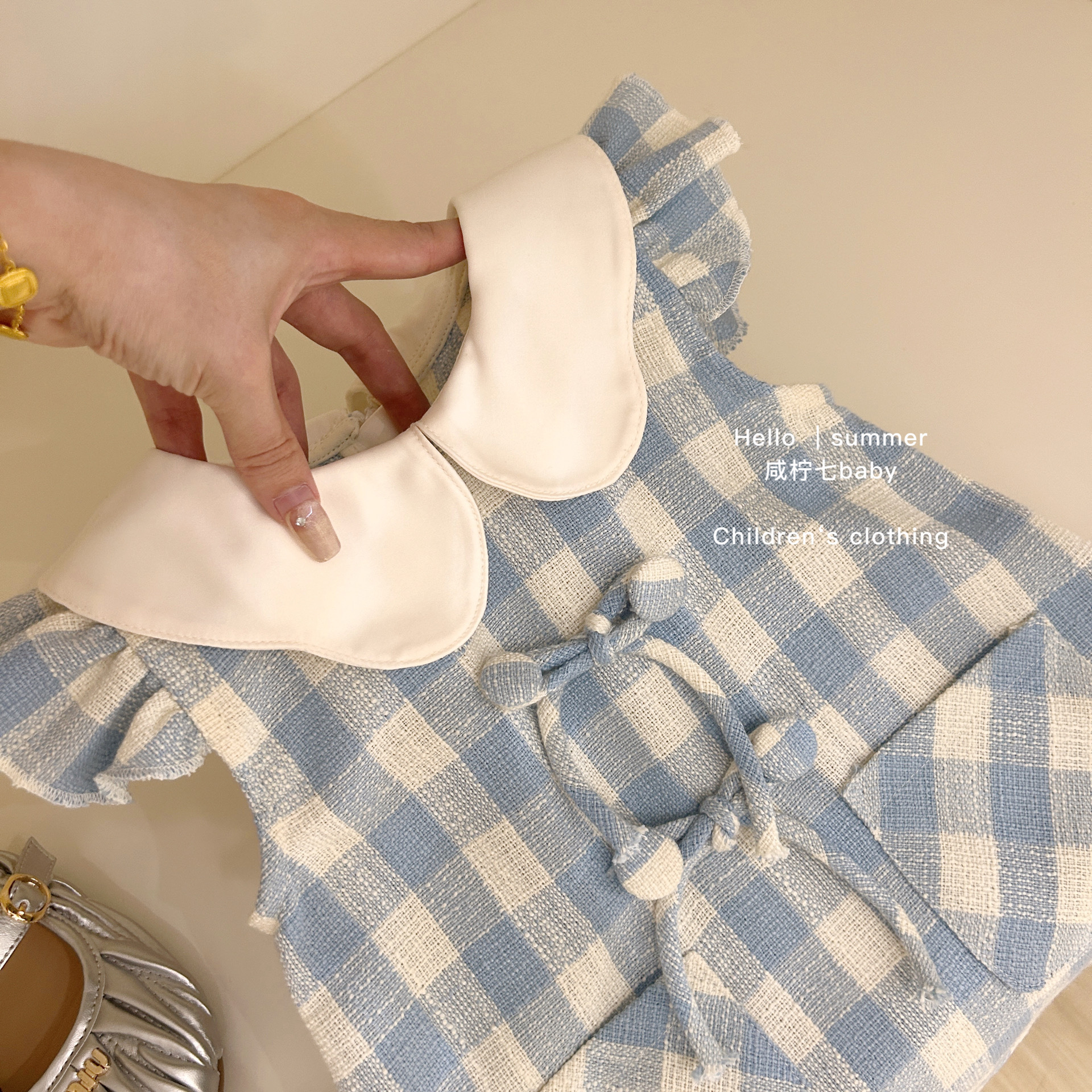 Vestido francés de niñas verano de niños chaleco azul cuadrado vestido de cuello de muñeca vestido de princesa dulce