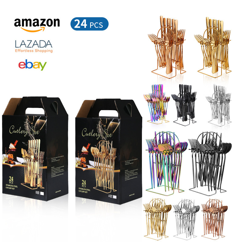 Cross-Border Stainless Steel Cutlery Set 24-Piece Set with Stand Knife Fork Spoon Storage Rack Gift Simple Style