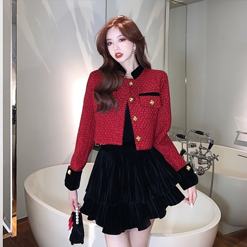 Trendy Color-Blocking Short Cotton Jacket for Women 2025 New Style Red Stand Collar Tweed Thick Coat