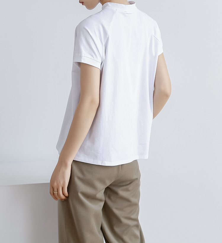 Summer Cotton Solid Color Short Sleeve Women T Shirt French Pullover Women Side Slit
