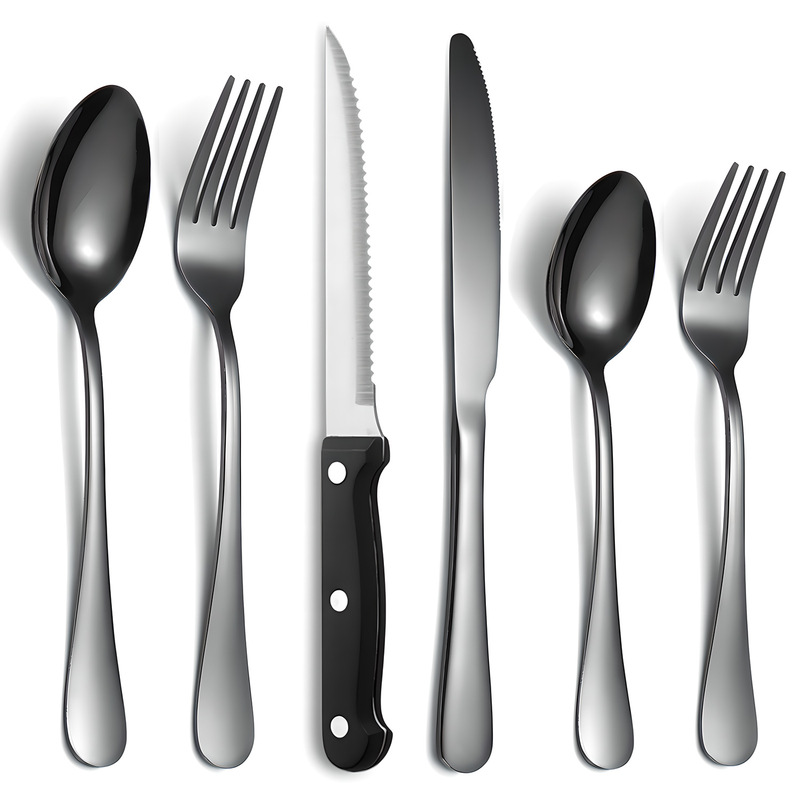 6Pcs Amazon Cross-border Hot Selling 1010 Series Stainless Steel Tableware Knife, Fork and Spoon Steak Knife Titanium Plated Black Gold and Silverware