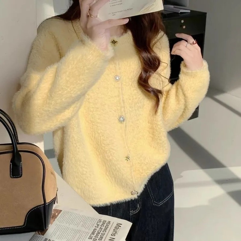 工厂批发糯叽叽奶黄色仿水貂绒针织开衫女小众设计休闲百搭圆领|undefined