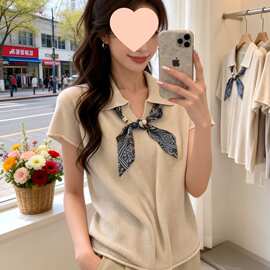 老钱风气质polo领短袖上衣女夏季新款设计感修身显瘦冰丝针织衫潮