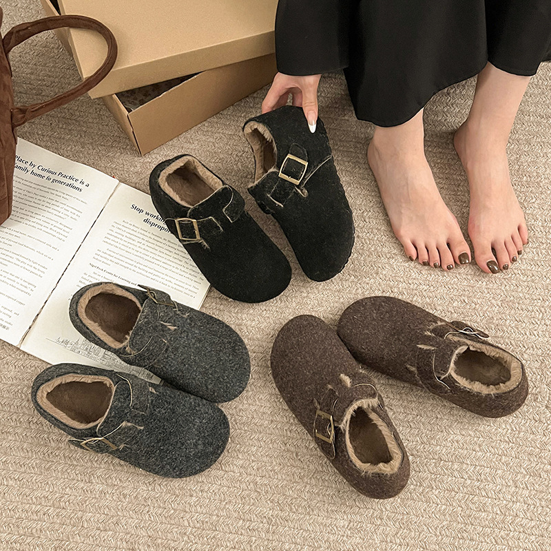 Vintage Round Toe Felt fleece-lined Birkenthal Shoes Women's fleece-lined Autumn and Winter Slip-on Warm Cotton Pedal Shoes Woolen Love