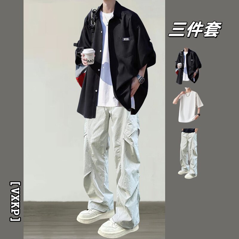 Summer Casual Suits for Men, Cool and Stylish Outfits for Teenagers, High-End Ice Silk Short-Sleeved Shirts Paired with a Set of Men's Clothing