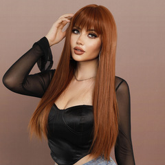 European and American Fashionable Women's Wigs: Caramel Brown Bangs with Long, Straight Hair—Full Head Wigs in Ginger Style