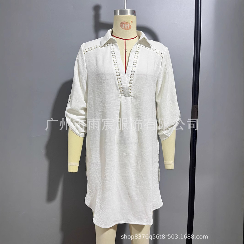 Cross-border 2025 Spring New V-neck Hollow Lace Irregular Hem Shirt Seaside Holiday Bikini Blouse