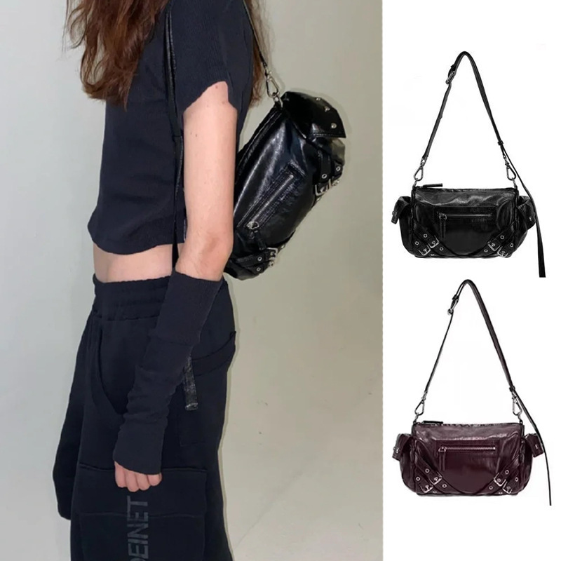 Korean Deinet Retro Studded Biker Bag Designer Style Sweet Cool Spicy Girl Style Single Shoulder Crossbody Bag Sweet Cool Style