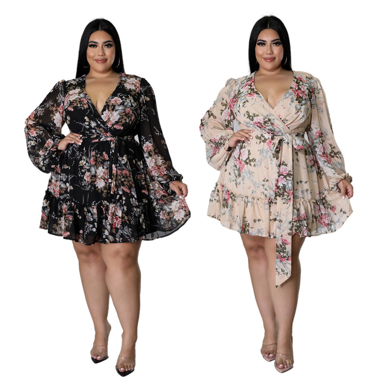 C0059 Cross-border European and American Women's Large Size Loose Print Elegant Commuter Sexy wish Dress