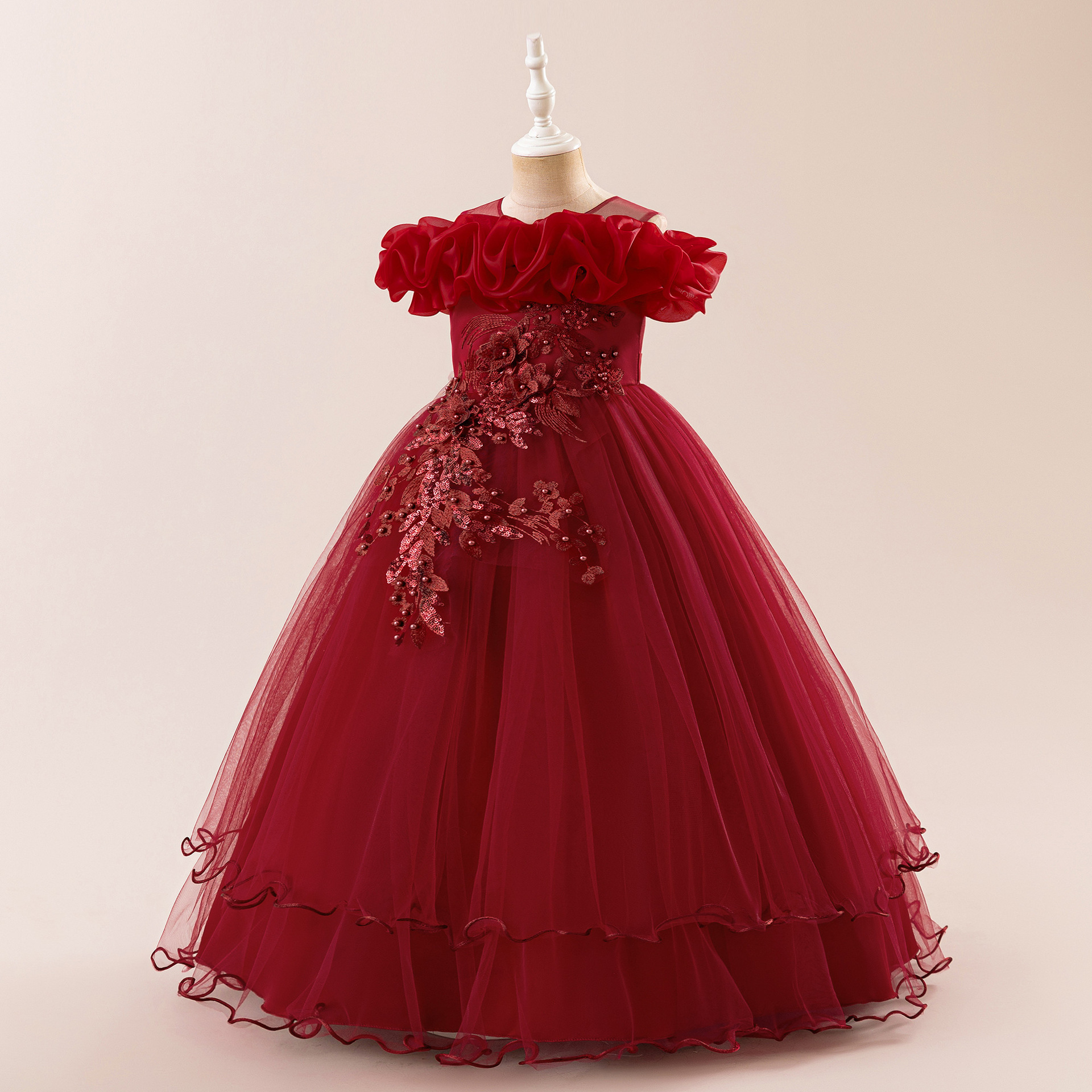 Europa y América vestidos de niñas nuevos vestidos de boda de hombro de flores de cuentas de niños vestidos de princesa vestidos de fiesta de niñas