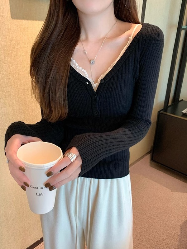 2025春季辣妹别致坑条显瘦打底上衣女早春低领露锁骨内搭针织毛衣|undefined