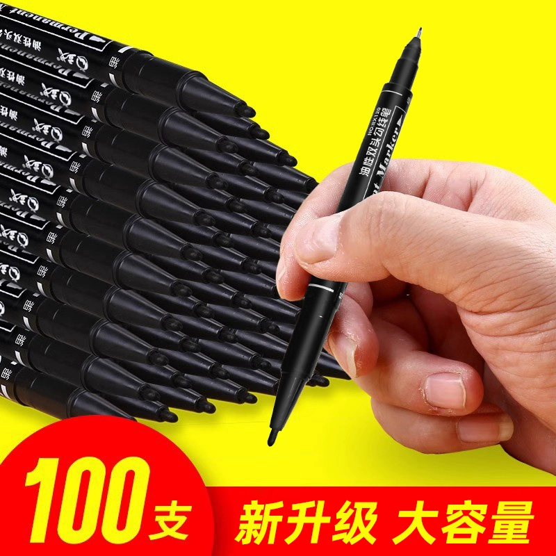 Маркерная ручка 100 маленьких двойных ручек Студенты используют художественную черную толстую и тонкую масляную ручку на двух концах