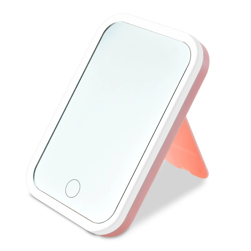 LED makeup mirror portable foldable desktop vanity, 3-color dimmable small square, white/pink/custom