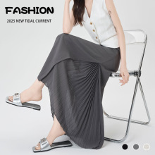 实拍~雪纺拼接西装半身裙女压褶设计感垂感显瘦高腰小个子a字长裙