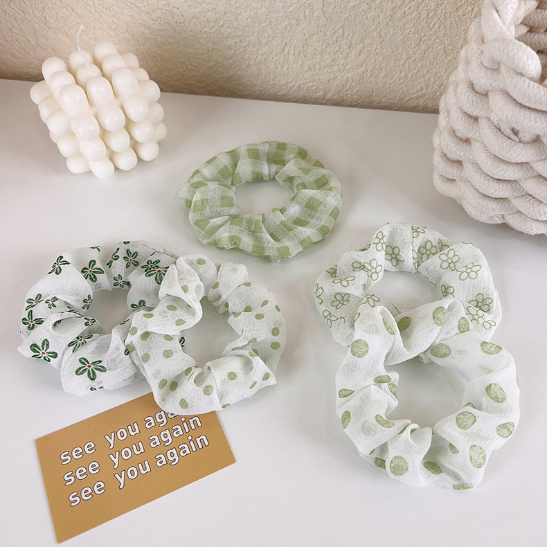 Fashion Green Hair Rope Plaid Polka Dot Flower Hair Scrunchies display picture 5