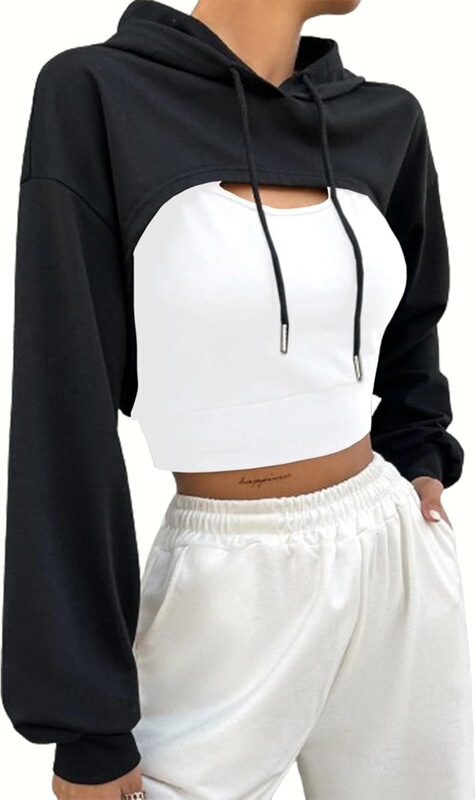 Women's Crop Top Long-Sleeve Hoodie with Drawstring, Super Workout-Friendly, Strapless Tank Top, Short Style Women's Crop Top Long-Sleeve Hoodie with Drawstring, Super Workout-Friendly, Strapless Tank Top, Short Style