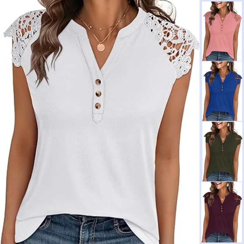 2026 Cross-Border Women's Clothing Amazon Independent Site New Style Casual Lace Splicing V-Neck T-Shirt Women's Top
