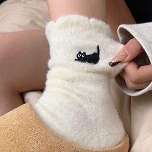 Australian velvet kitten cute warm fleece-lined mid-calf socks ins style homehouse Japanese floor socks autumn and winter plush girl