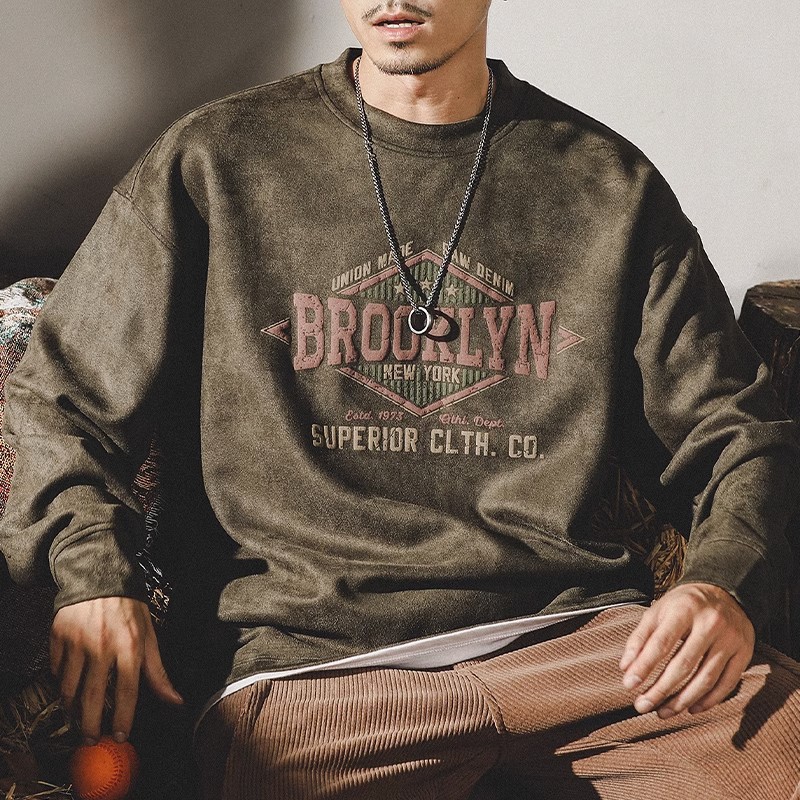 Moletom masculino retrô americano em camurça, modelagem folgada, marca moderna, gola redonda, manga longa, blusa masculina, jaqueta, camiseta._voghion.com