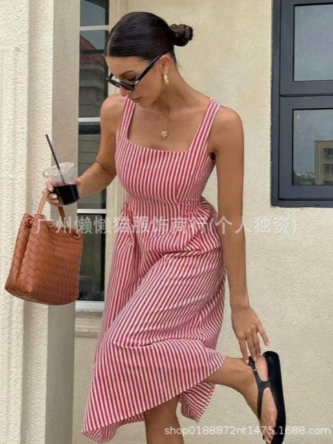 2025新款欧美跨境亚马逊女士条纹无袖时尚休闲连衣裙|undefined