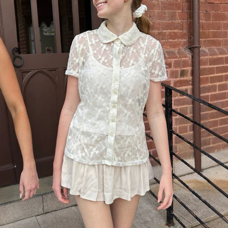 BM style, new pure desire style, cream-colored, hollow-out lace, doll-collar, short-sleeved shirt, BM slim-fit top