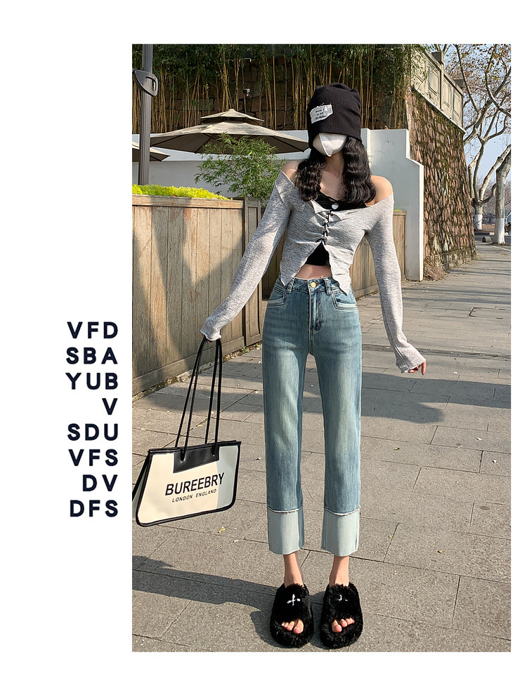 【中国直邮】HEY+JEANS 春季韩系翻边高腰显瘦九分裤 黑色 M