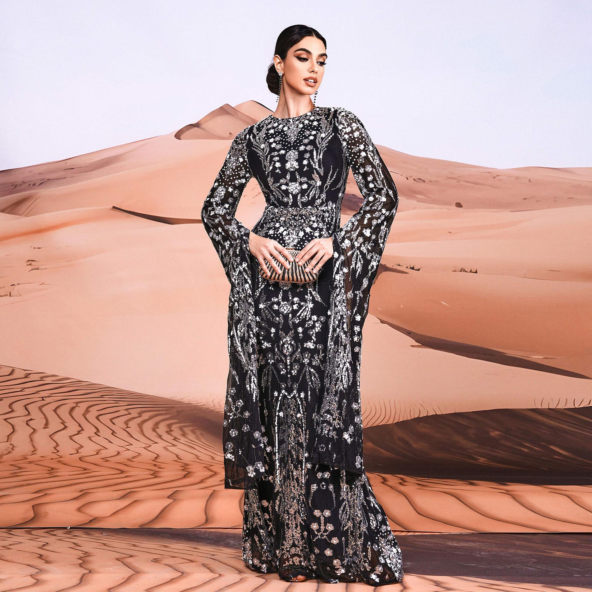 Women's Clothing ultra long sleeve temperament round neck sexy slim long sequined banquet evening dress bridesmaid dress_voghion.com