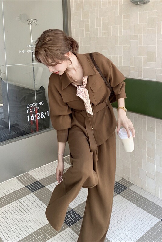 丝巾领咖色衬衫阔腿裤套装女春秋减龄穿搭大方得体两件套时尚超火|undefined