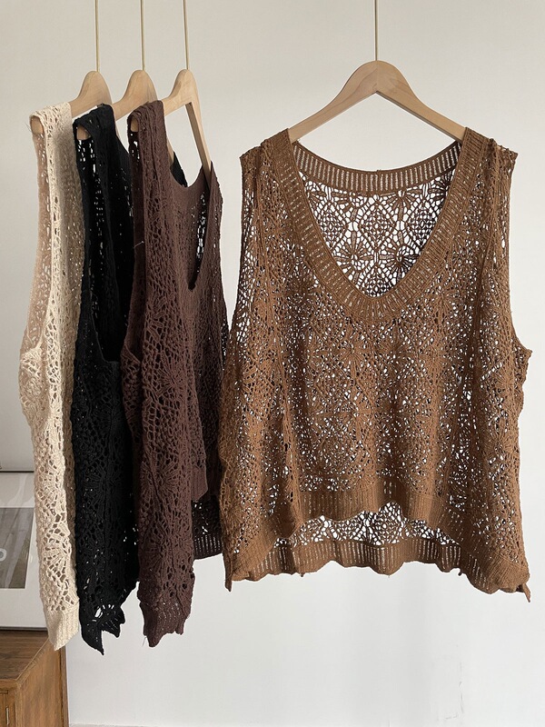 Fold and Wear Surprise Cotton Thorn Hollow Vest Women's V-neck Knitted Vest Artistic All-match Thin Summer Vest Vest Fold and Wear Surprise Cotton Thorn Hollow Vest Women's V-neck Knitted Vest Artistic All-match Thin Summer Vest Vest