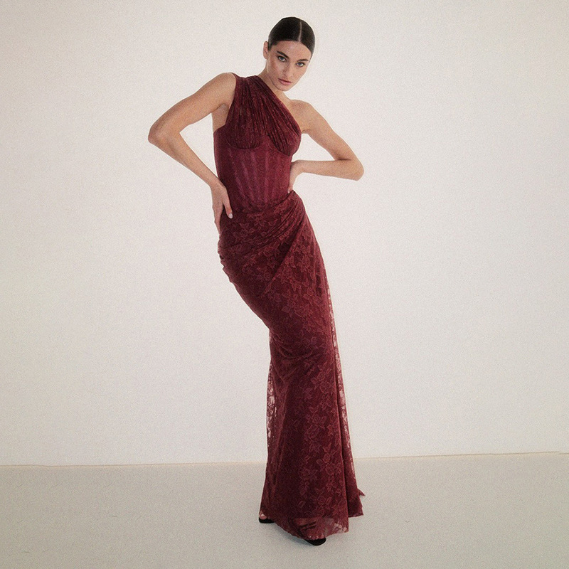 In Stock | European and American Cross-Border Women's Clothing, Hip-Hugging Burgundy Dress, Lace-Up Pleated Fishtail Long Dress, Vacation Style Dress